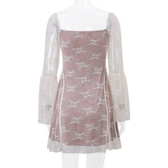 Lace square neck long flared sleeve zip-up ruffle mini dress