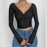 Ruched long sleeve gloves v neck solid crop top