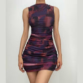 Ruched tie dye sleeveless crewneck mesh mini dress - Final Sale