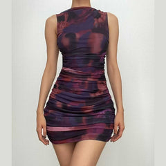 Ruched tie dye sleeveless crewneck mesh mini dress - Final Sale