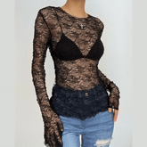 Long sleeve crewneck stitch lace see through top