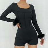 Feather corset long sleeve backless solid romper