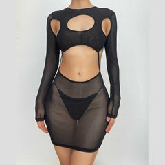Long sleeve hollow out sheer mesh see through mini dress