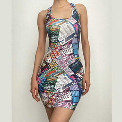 Sleeveless u neck lottery print contrast mini dress