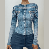Long sleeve denim print crewneck contrast top