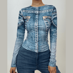 Long sleeve denim print crewneck contrast top