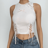 Lace up contrast lace hem sleeveless bowknot crop top