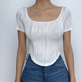 Textured solid short sleeve u neck crop top
