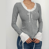 Flared sleeve ruffle patchwork long sleeve contrast top