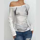 Long sleeve body print one shoulder contrast irregular top