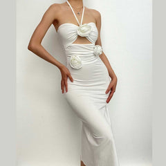 Solid halter slit ruched hollow out flower applique midi dress