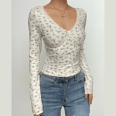 PRE ORDER - Flower print contrast long sleeve v neck lace hem top
