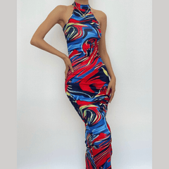 Sleeveless contrast halter midi dress