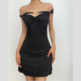Textured off shoulder metal chain knotted mini dress