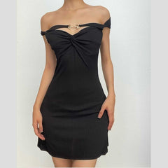 Textured off shoulder metal chain knotted mini dress