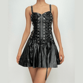 Lace up PU leather sweetheart neck solid zip-up mini dress