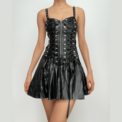 Lace up PU leather sweetheart neck solid zip-up mini dress