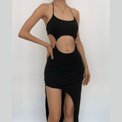 Metal chain halter backless hollow out slit solid midi dress