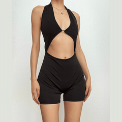 Halter solid v neck hollow out backless romper