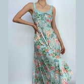 Flower print ruched self tie sleeveless contrast slit zip-up midi dress