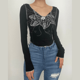Stitch long sleeve abstract notch neck contrast crop top