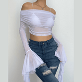 Long flared sleeve off shoulder ruffle sheer mesh backless top