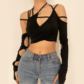 Hollow out long sleeve off shoulder irregular crop top