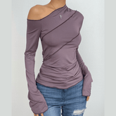 Stitch solid irregular long sleeve ruffle off shoulder top