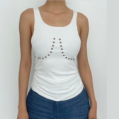Solid metal o ring hollow out ribbed sleeveless u neck top - Final Sale