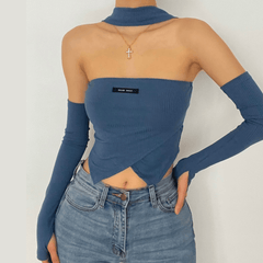 Ribbed halter long sleeve off shoulder gloves crop top