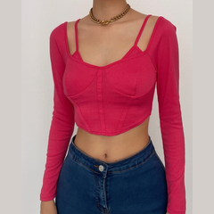 Solid long sleeve backless self tie bustier crop top