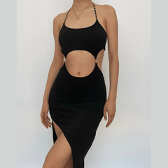 Metal chain halter backless hollow out slit solid midi dress