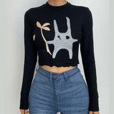 Patchwork contrast high neck long sleeve ruffle crop top