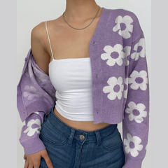 V neck flower pattern button knitted contrast long sleeve cardigan top