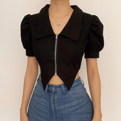 Turnover collar textured zip up front puff short sleeve solid top