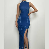 High neck sleeveless irregular contrast midi dress