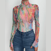 Long sleeve high neck sheer mesh contrast bodysuit