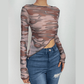 Stitch camouflage long sleeve crewneck sheer mesh see through crop top