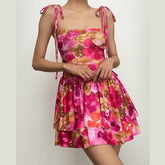 Flower print self tie square neck contrast ruffle mini dress