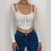 Solid long sleeve backless self tie bustier crop top