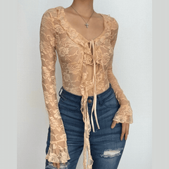 Long flared sleeve ruffle see through lace bodysuit