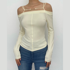 Long sleeve solid metal tag off shoulder top