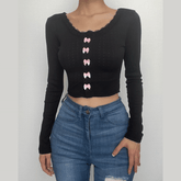 Bowknot textured long sleeve lace hem contrast crop top