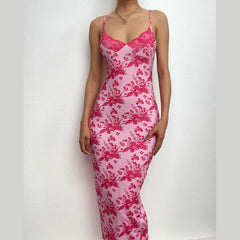 Flower print lace hem v neck contrast backless cami midi dress