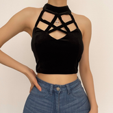 Velvet buttoned back cross front halter crop top