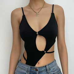 Solid hollow out low cut o ring irregular backless bodysuit