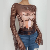 Fishnet long sleeve hollow out mesh contrast top