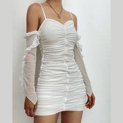 Solid ruched backless ruffle mesh mini dress