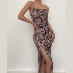 Ripple contrast print cross back slit cowl neck backless midi dress