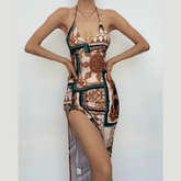 Contrast print halter v neck slit backless midi dress